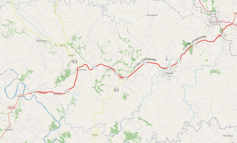 Mapa do trecho da PRC-272 entre Mauá da Serra e Lidianópolis
