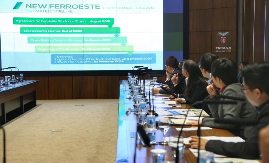 O governador Carlos Massa Ratinho Junior e técnicos da Secretaria de Infraestrutura e Logística apresentaram nesta quarta-feira (7) ao grupo China Merchants projetos ferroviários de curto, médio e longo prazos no Paraná