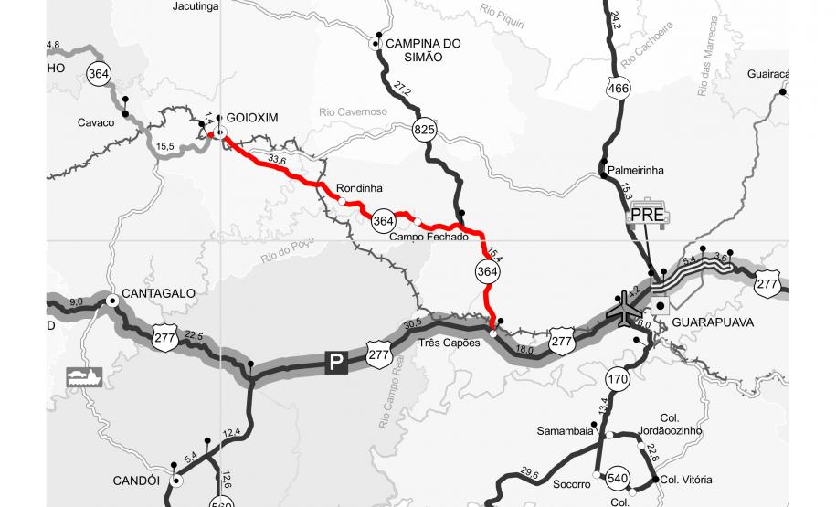 A PR-364, na região Centro-Oeste, está recebendo melhoria no trecho entre a BR-277, próximo a Guarapuava, até o final da pista pavimentada, logo após Goioxim, em uma extensão de 50,4 quilômetros. A rodovia recebe camada de Concreto Betuminoso Usinado a Quente (CBUQ), seguida pela compactação do material (reperfilagem descontínua em pontos críticos). O procedimento é realizado para corrigir o desgaste e as deformações que surgem na pista, causados pela ação do clima ou tráfego de veículos.
