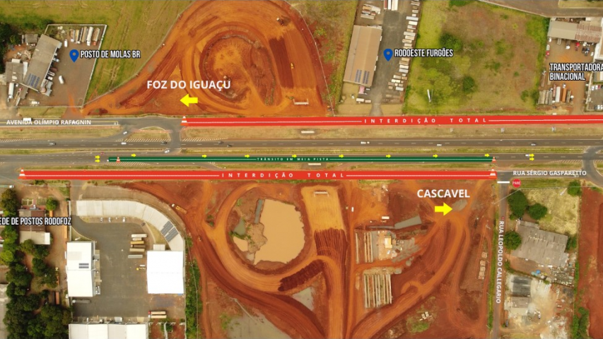 Croqui interdição marginais e bloqueio parcial da BR-277 em Foz do Iguaçu